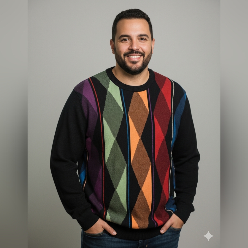 F/X Fusion Men's Black Multi-Colored Striped Crewneck Pullover Sweater Sz Large